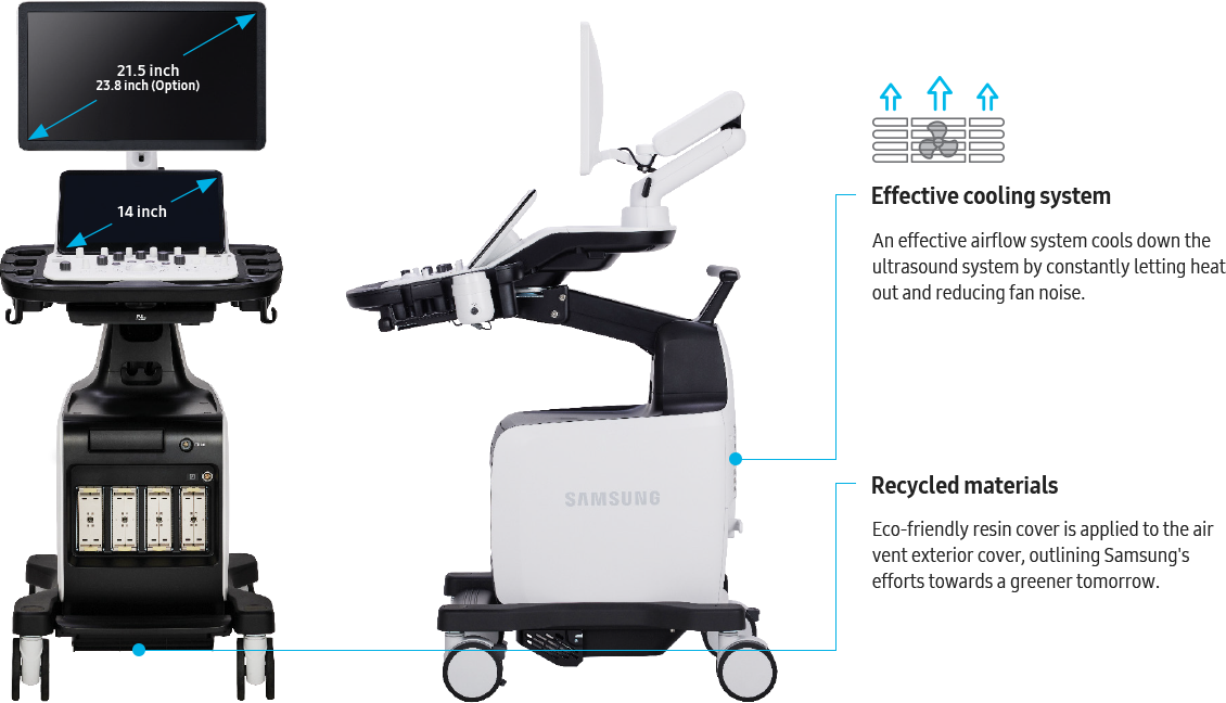 1. Effective cooling system - An effective airflow system cools down the ultrasound system by constantly letting heat out and reducing fan noise. / 2. Recycled materials - Eco-friendly resin cover is applied to the air vent exterior cover, outlining Samsung's efforts towards a greener tomorrow.
