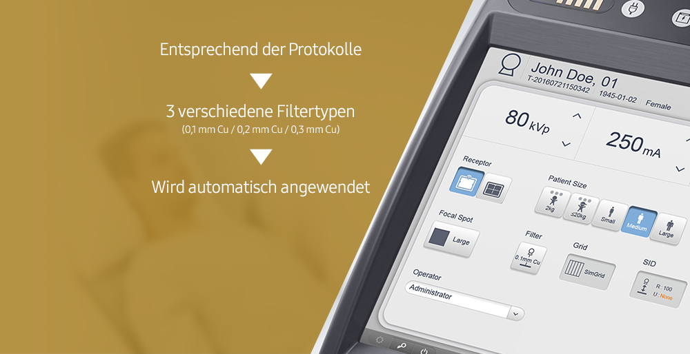 In das digitale Röntgensystem GM85 ist ein Filter mit Voreinstellungen von drei verschiedenen Filtern integriert.