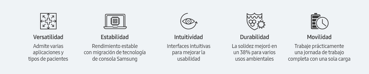 Versatilidad(Admite varias aplicaciones y tipos de pacientes), Estabilidad(Rendimiento estable con migración de tecnología de consola Samsung), Intuitividad(Interfaces intuitivas para mejorar la usabilidad), Durabilidad(La solidez mejoró en un 38% para varios usos ambientales), Movilidad(Trabaje prácticamente una jornada de trabajo completa con una sola carga)
