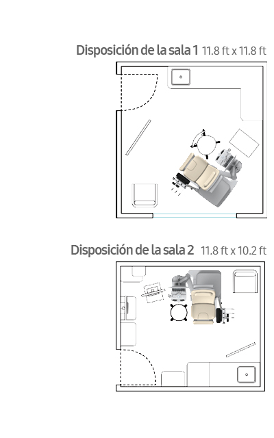 Disposición de la sala 1 - 11.8 ft × 11.8ft / Disposición de la sala 2 - 11.8 ft × 10.2 ft