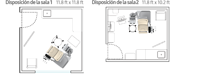 Disposición de la sala 1 - 11.8 ft × 11.8ft / Disposición de la sala 2 - 11.8 ft × 10.2 ft