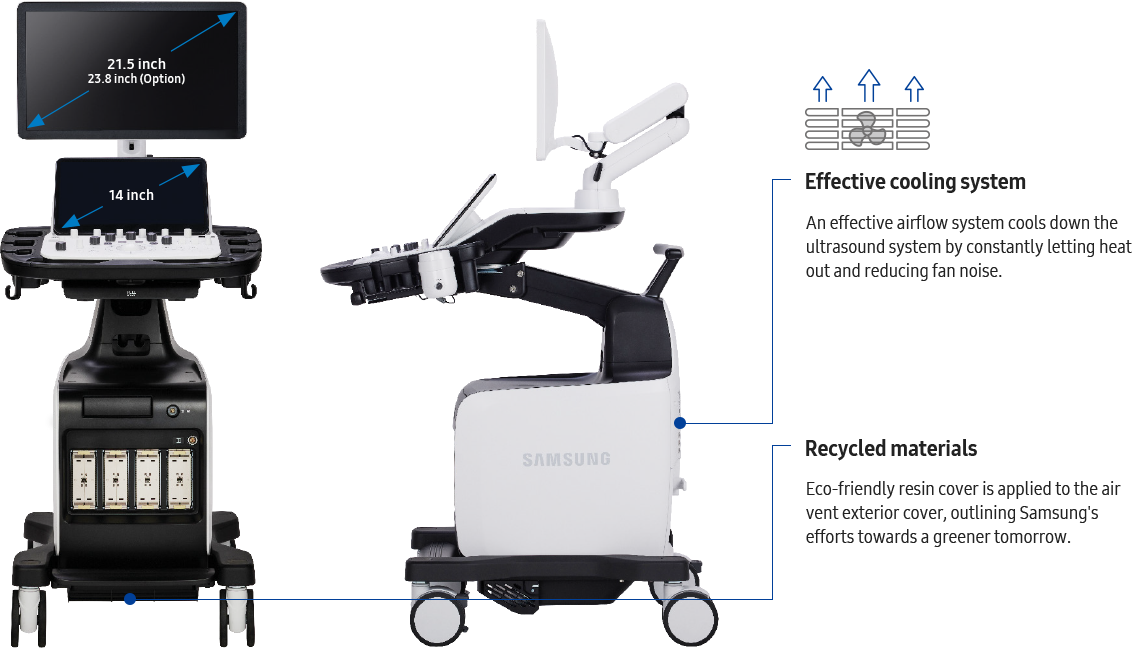 1. Effective cooling system - An effective airflow system cools down the ultrasound system by constantly letting heat out and reducing fan noise. / 2. Recycled materials - Eco-friendly resin cover is applied to the air vent exterior cover, outlining Samsung's efforts towards a greener tomorrow.
